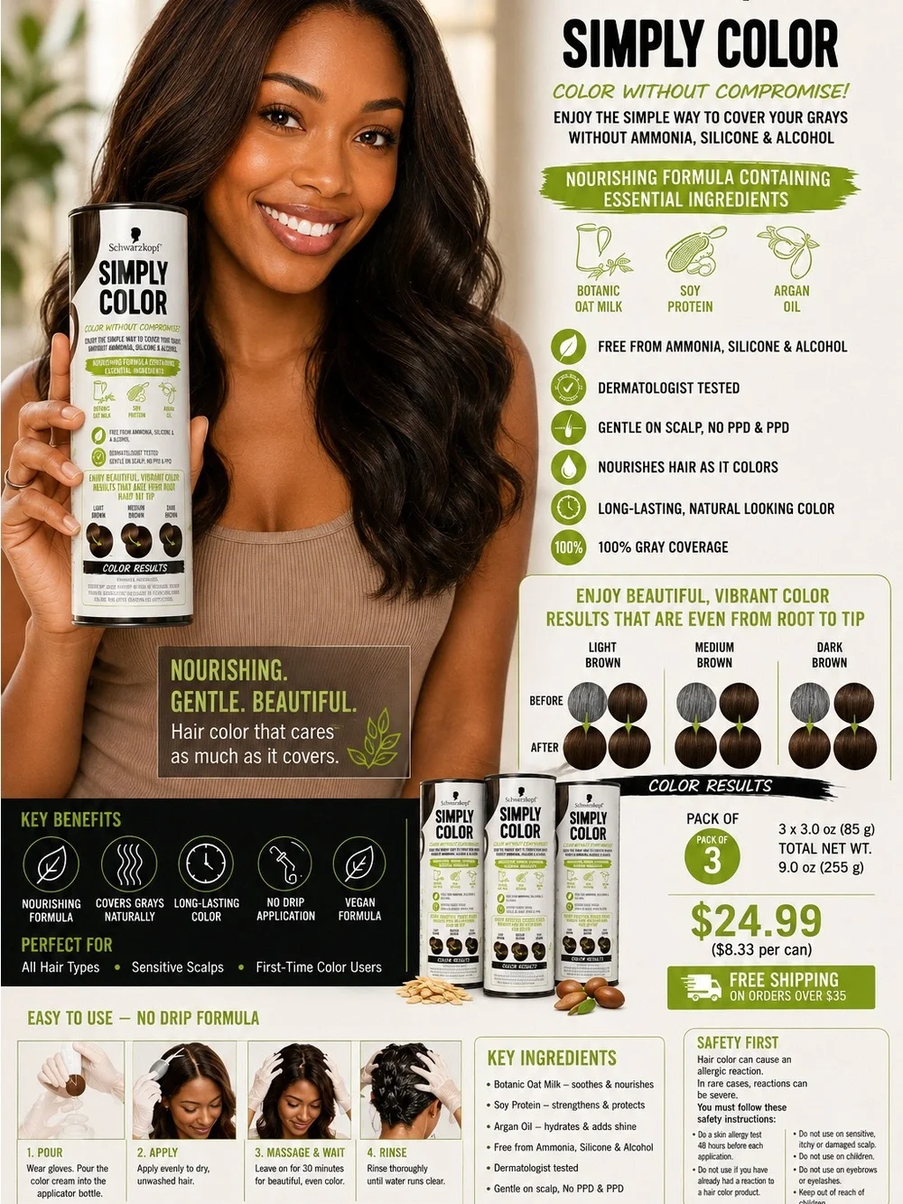 pack of 3 Nourishing Hair Color Spray — Dark Brown